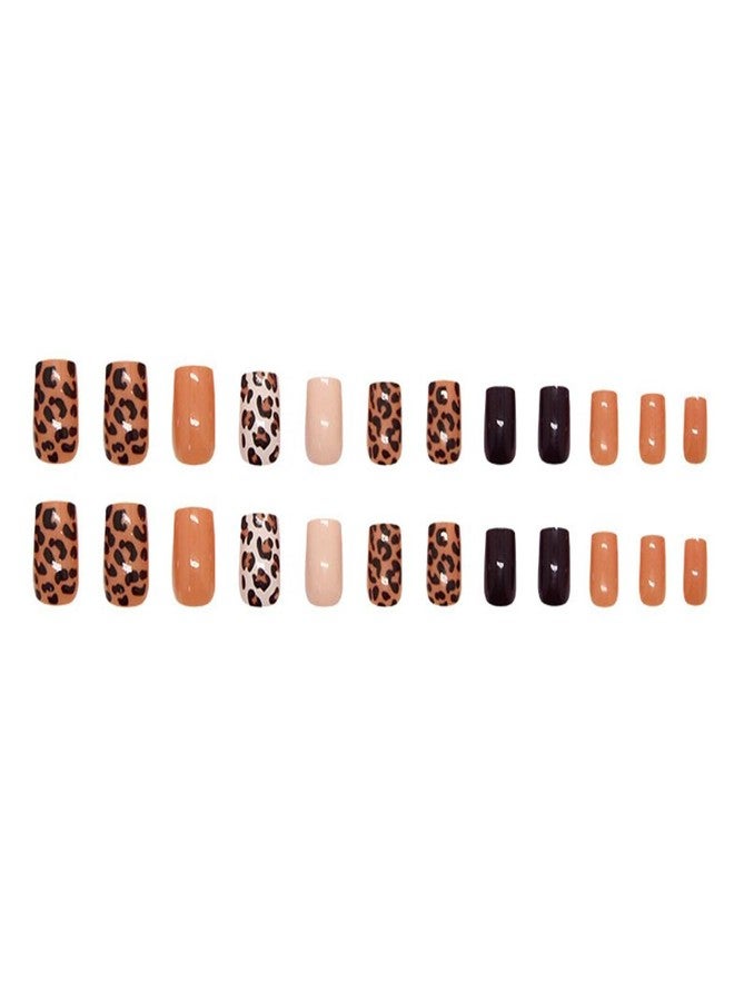 HJKDSFD Leopard Print Press on Nails Medium Square Fake Nails Brown Black Acrylic Nails with Solid Color Designs Glossy Artificial False Nails Cute Reusable Glue on Nails for Women Girls 24Pcs - Image 5